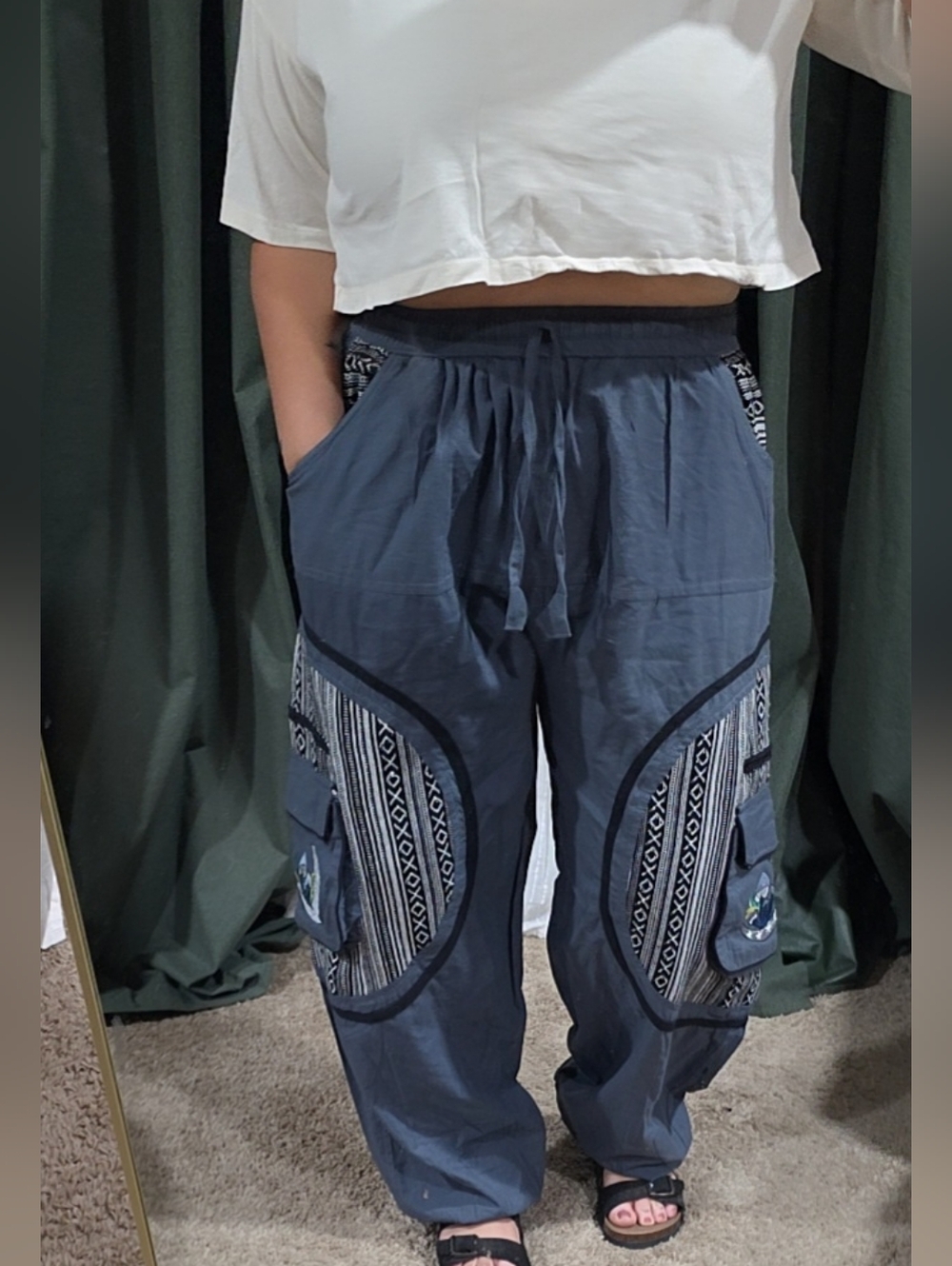 Himalaya Handmade Moon & Mushroom Embroidered Straight-Leg Harem Pants. Unisex.